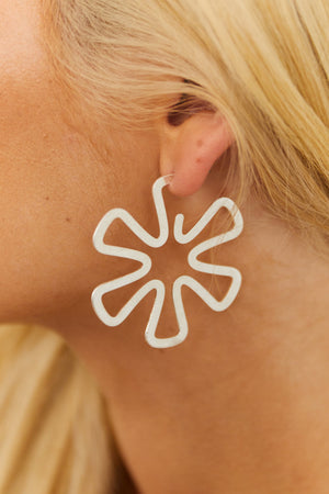 Worn Silver Flower Cut Out Hoop Earrings