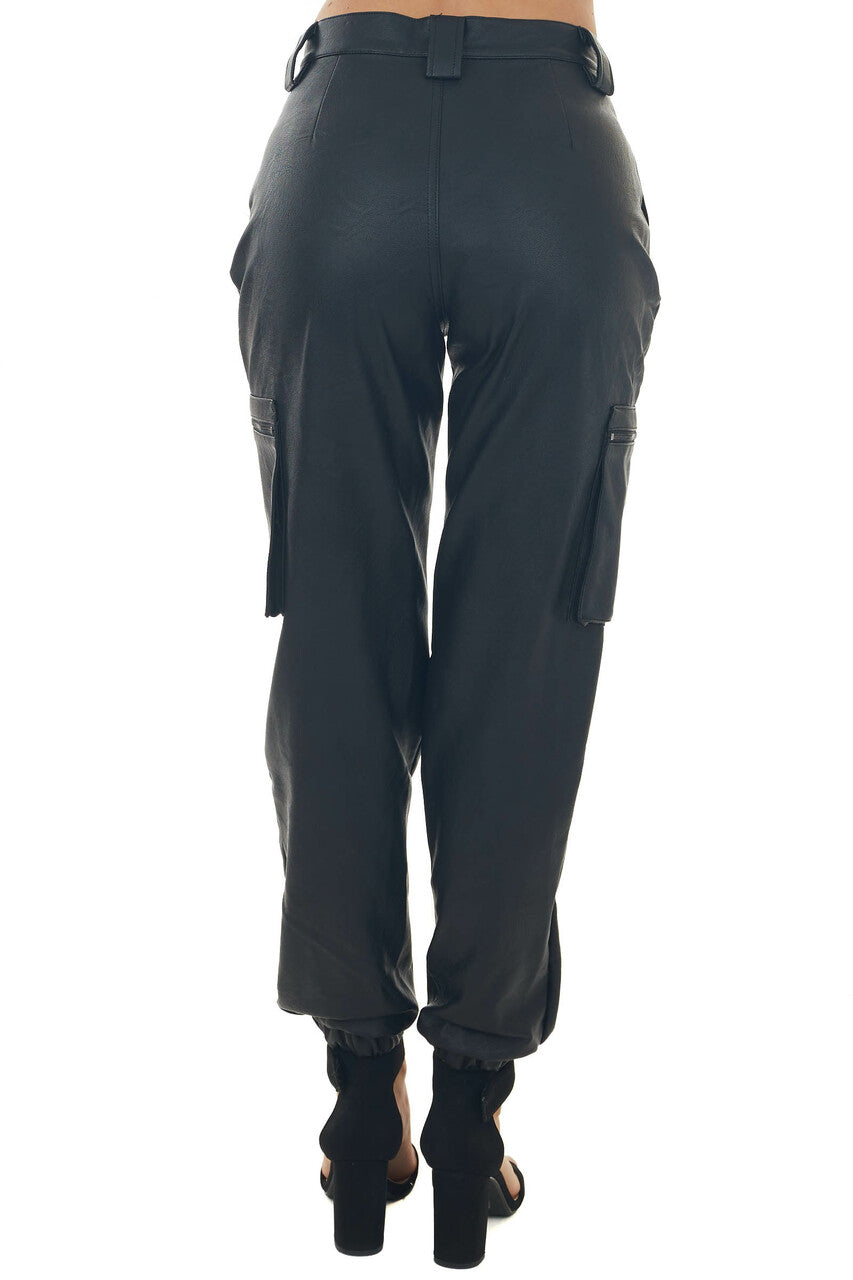 Black Faux Leather High Rise Cargo Joggers