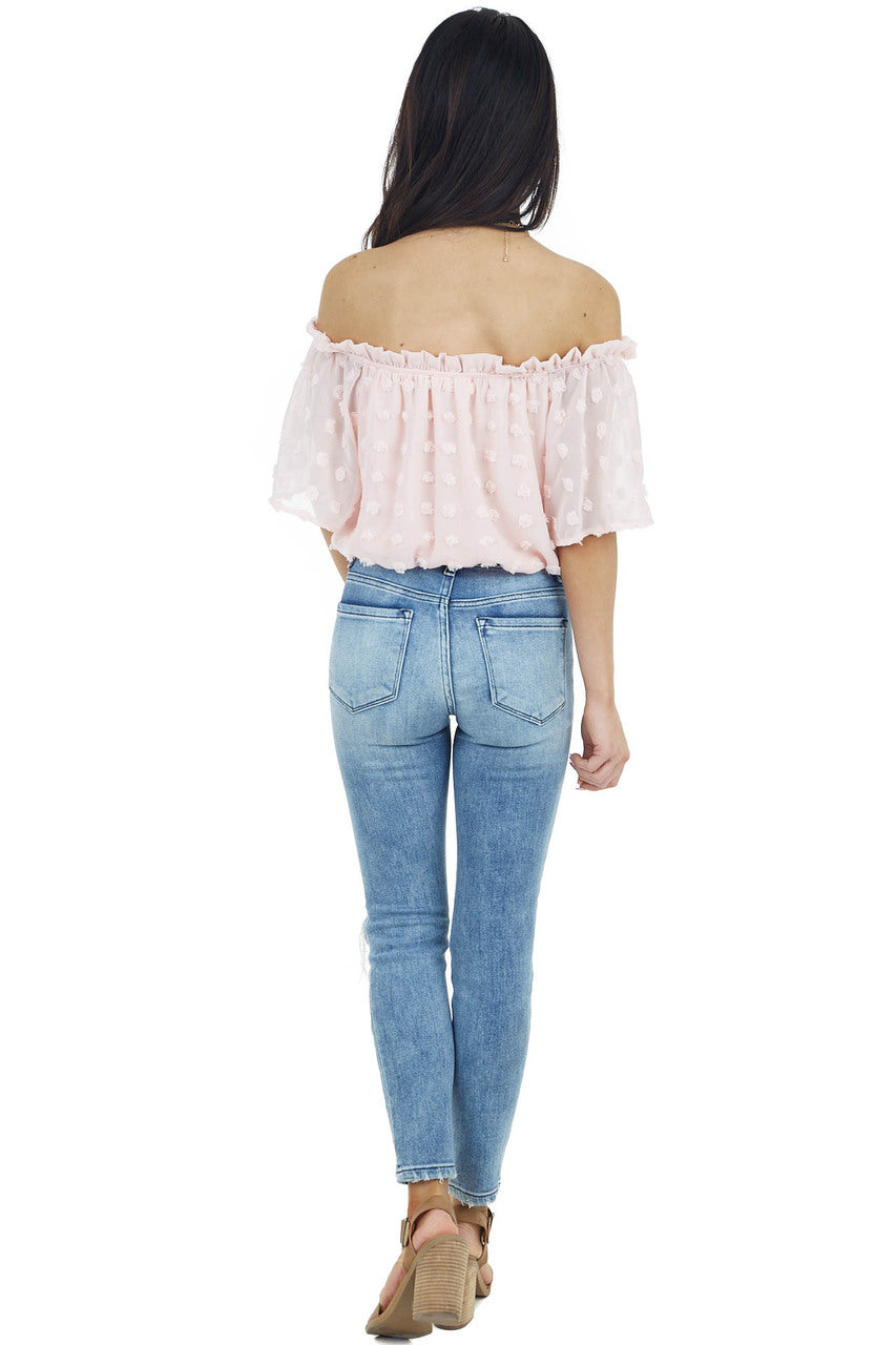 Blush Swiss Dot Off the Shoulder Crop Top with Elastic Hem