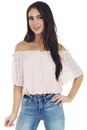 Blush Swiss Dot Off the Shoulder Crop Top with Elastic Hem