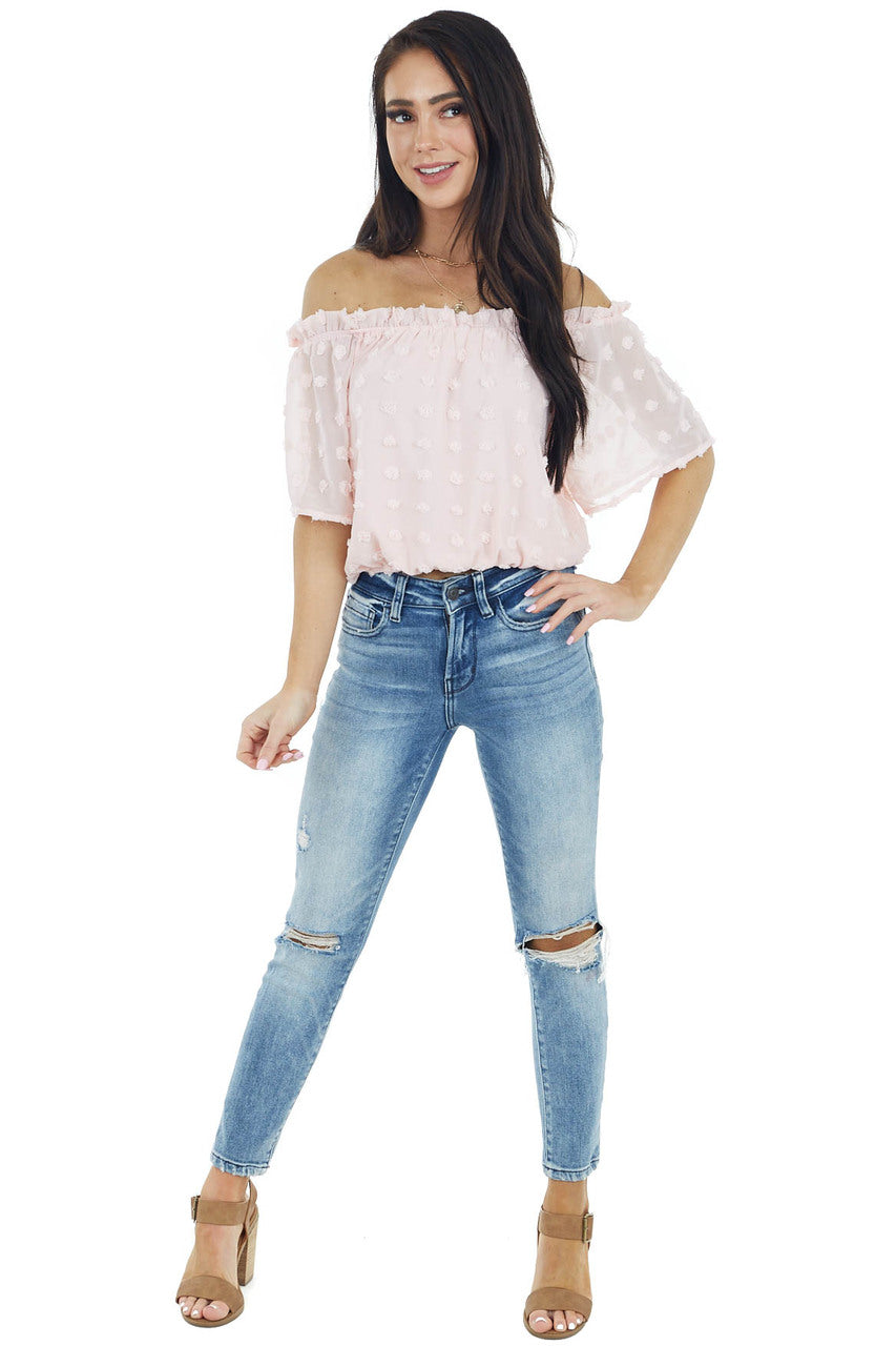Blush Swiss Dot Off the Shoulder Crop Top with Elastic Hem