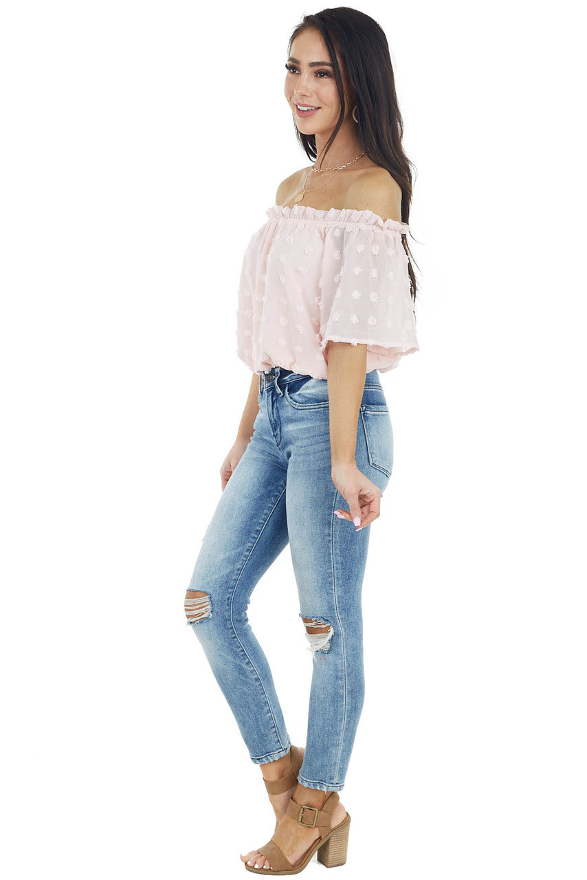 Blush Swiss Dot Off the Shoulder Crop Top with Elastic Hem