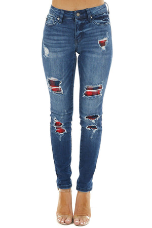 Dark Wash Mid Rise Distressed Plaid Patch Skinny Jeans