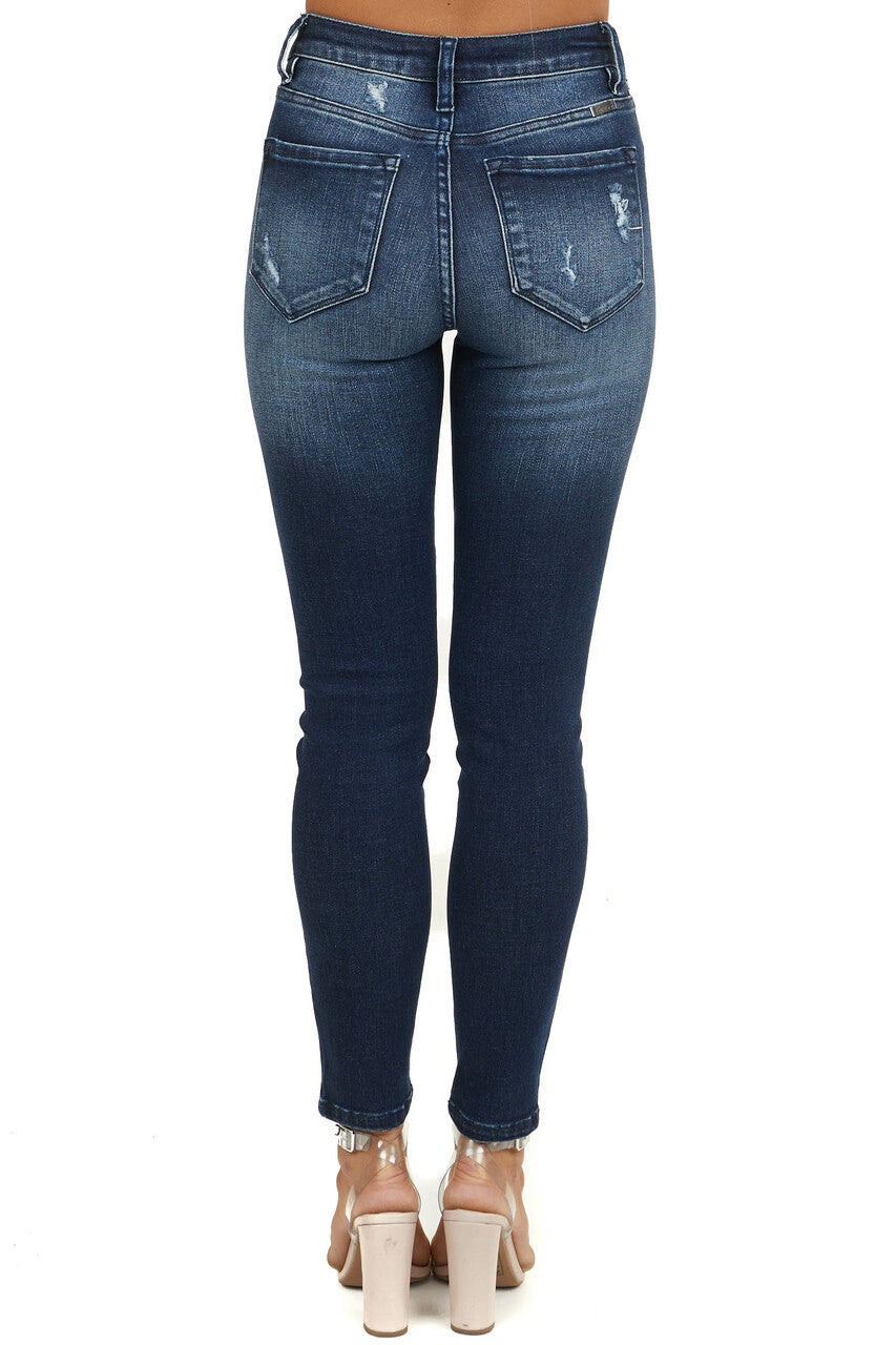 Dark Wash Distressed Skinny Jeans with Leopard Print Details 