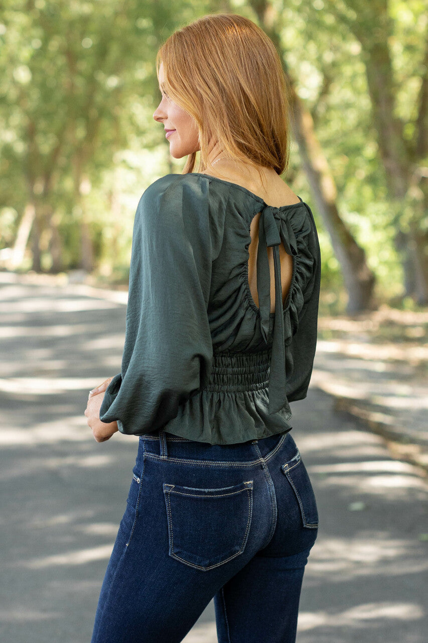 Spruce Open Back Smocked Peplum Silky Blouse 