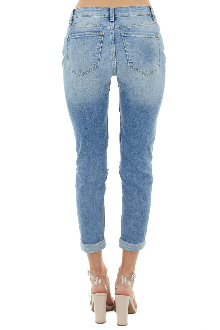Medium Wash Mid Rise Relaxed Fitted Distressed Denim Jeans