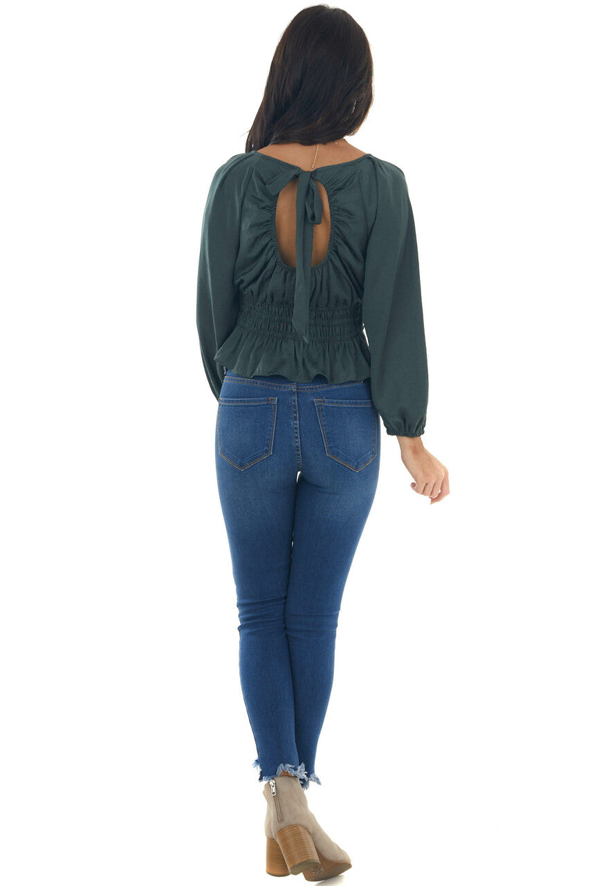 Spruce Open Back Smocked Peplum Silky Blouse 