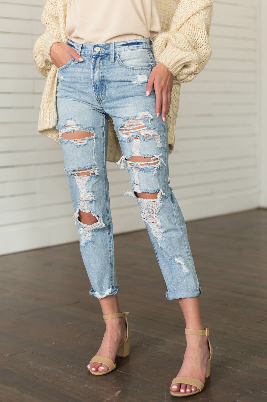 Light High Rise Distressed Boyfriend Jeans