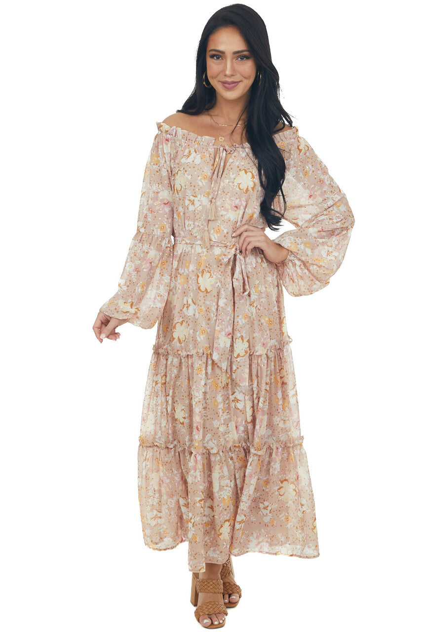 Nude Floral Print Gold Speck Tiered Maxi Dress