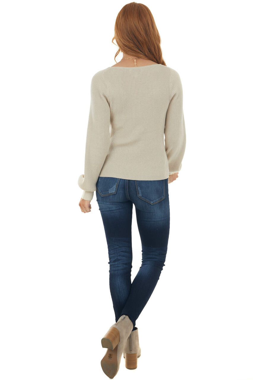 Beige Ribbed Knit Top with Bubble Sleeves