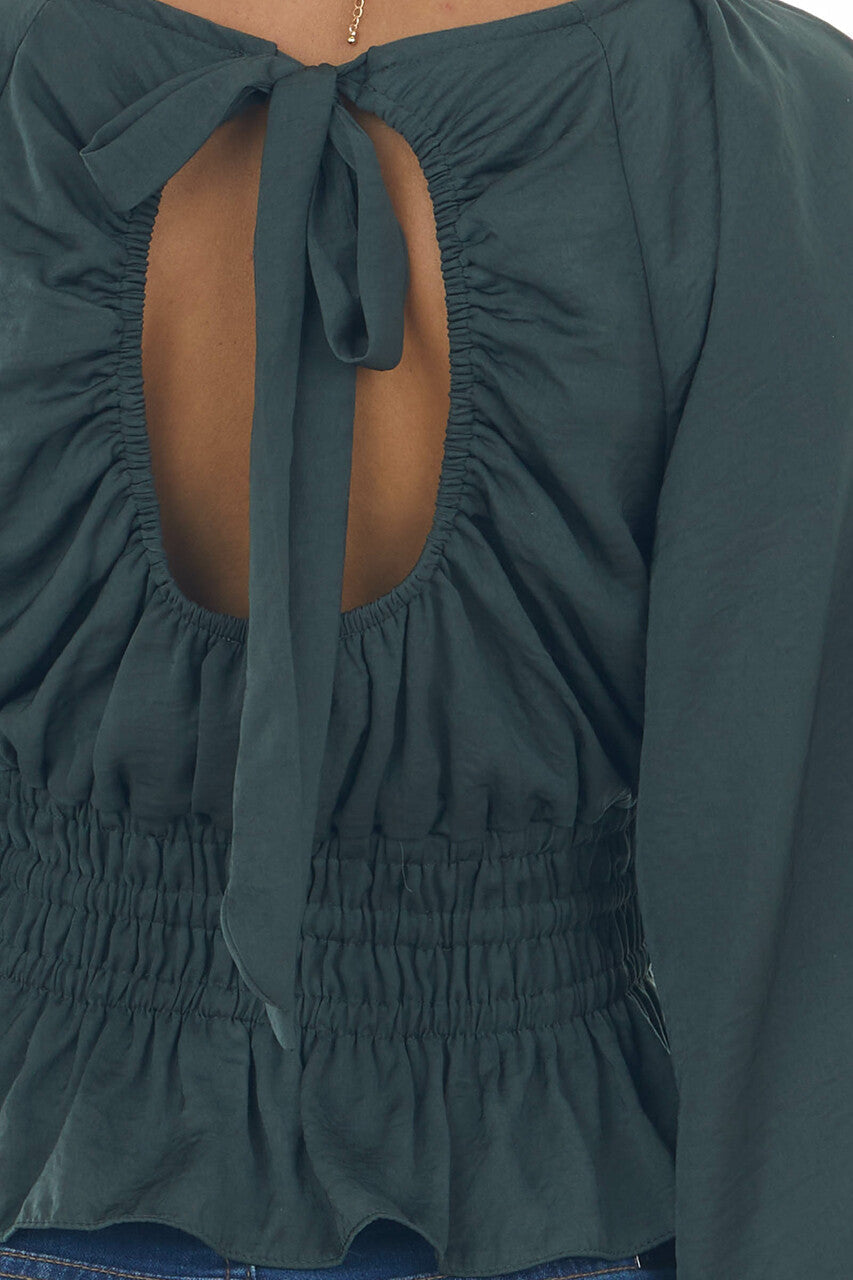 Spruce Open Back Smocked Peplum Silky Blouse 