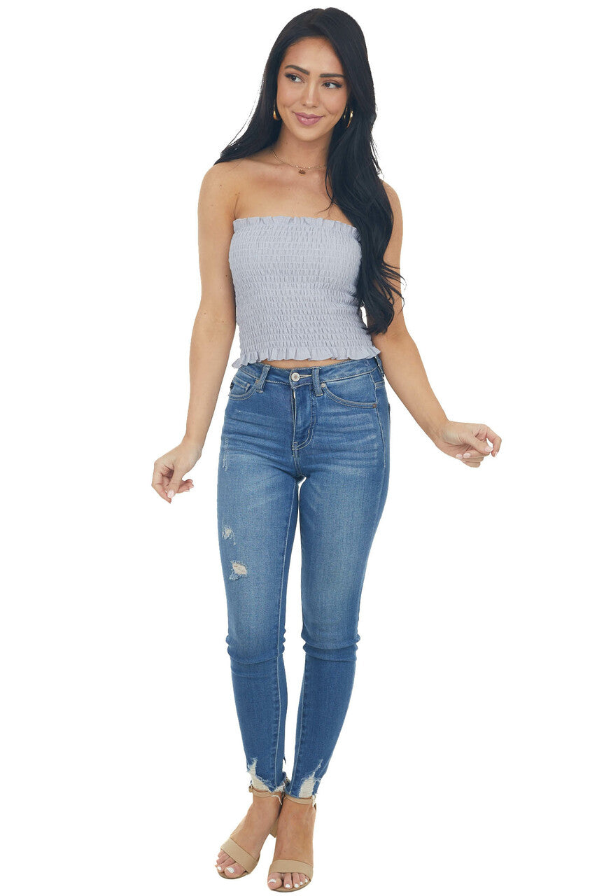 Slate Blue Strapless Smocked Bandeau Top with Ruffled Hem