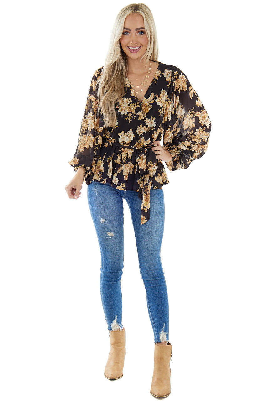 Black Floral Surplice Top With Bubble Sleeves