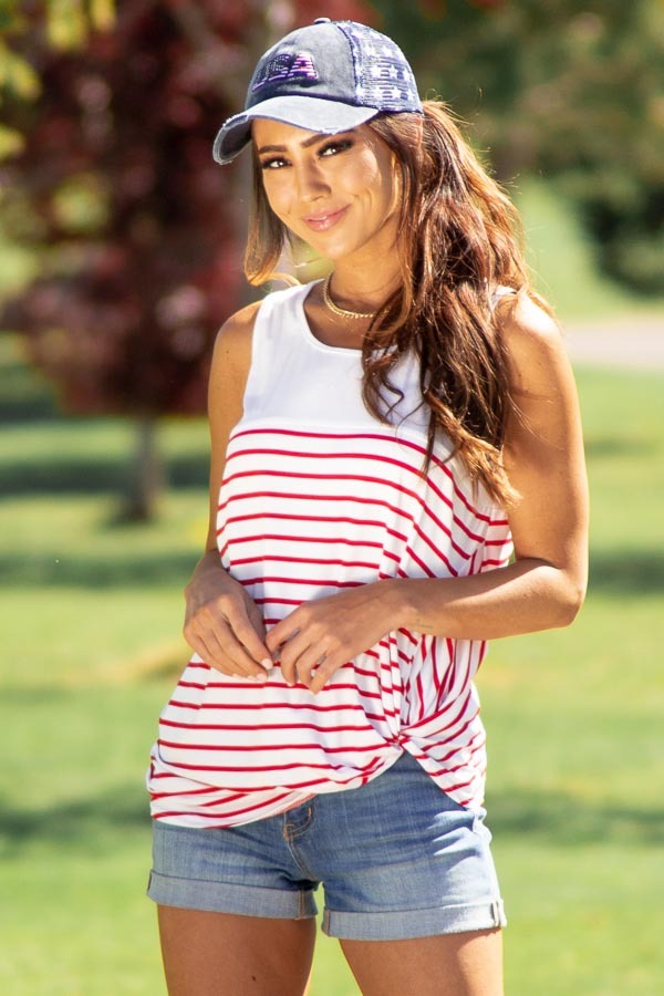 Ivory and Crimson Red Striped Knit Tank Top with Front Twist 