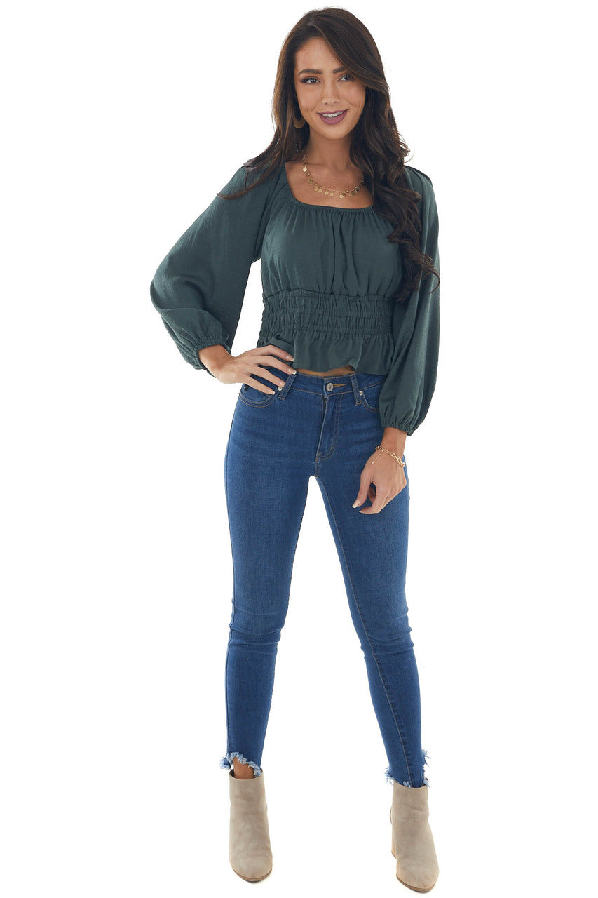 Spruce Open Back Smocked Peplum Silky Blouse 