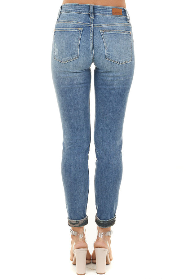 Medium Wash Distressed Skinny Jeans with Camo Print Patch