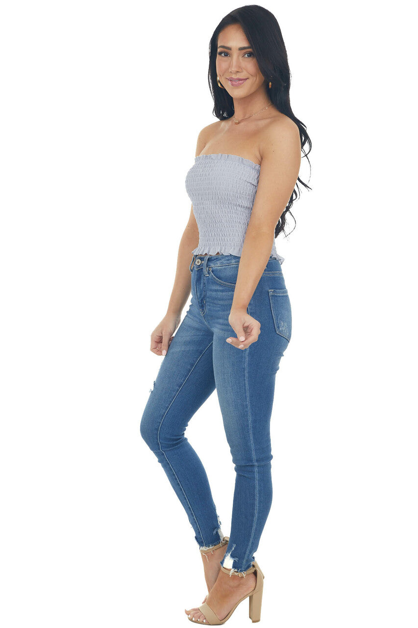 Slate Blue Strapless Smocked Bandeau Top with Ruffled Hem