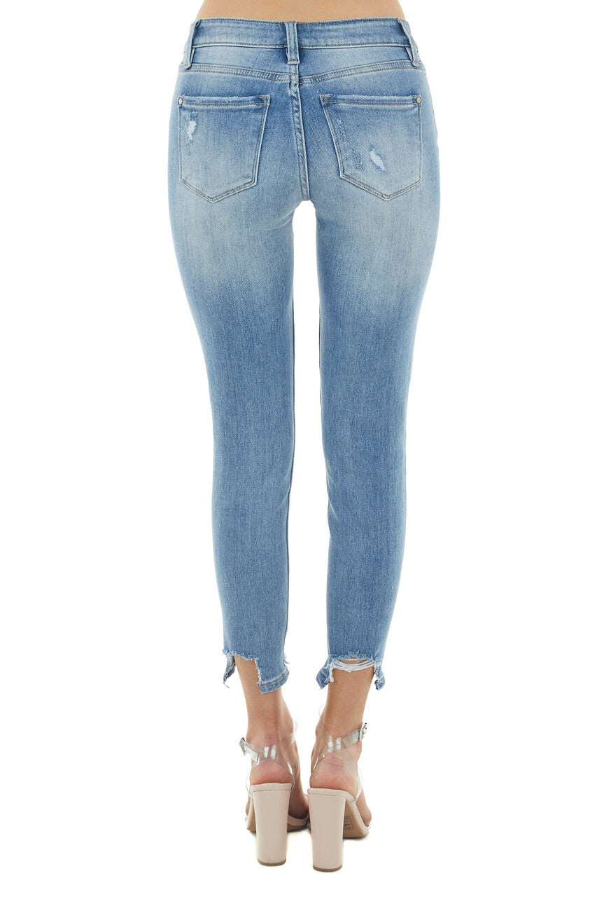 Light Wash Mid Rise Distressed Skinny Jeans with Buttons