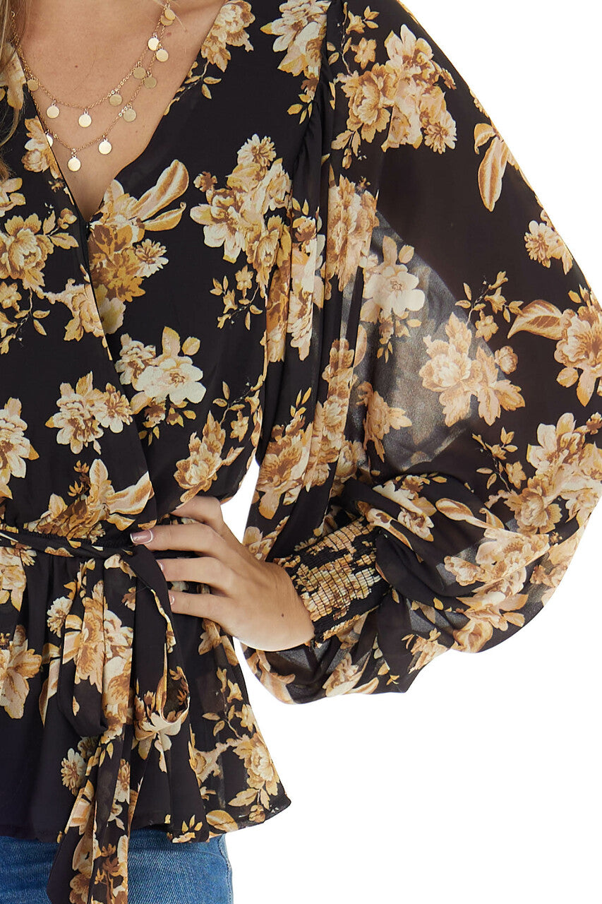 Black Floral Surplice Top With Bubble Sleeves