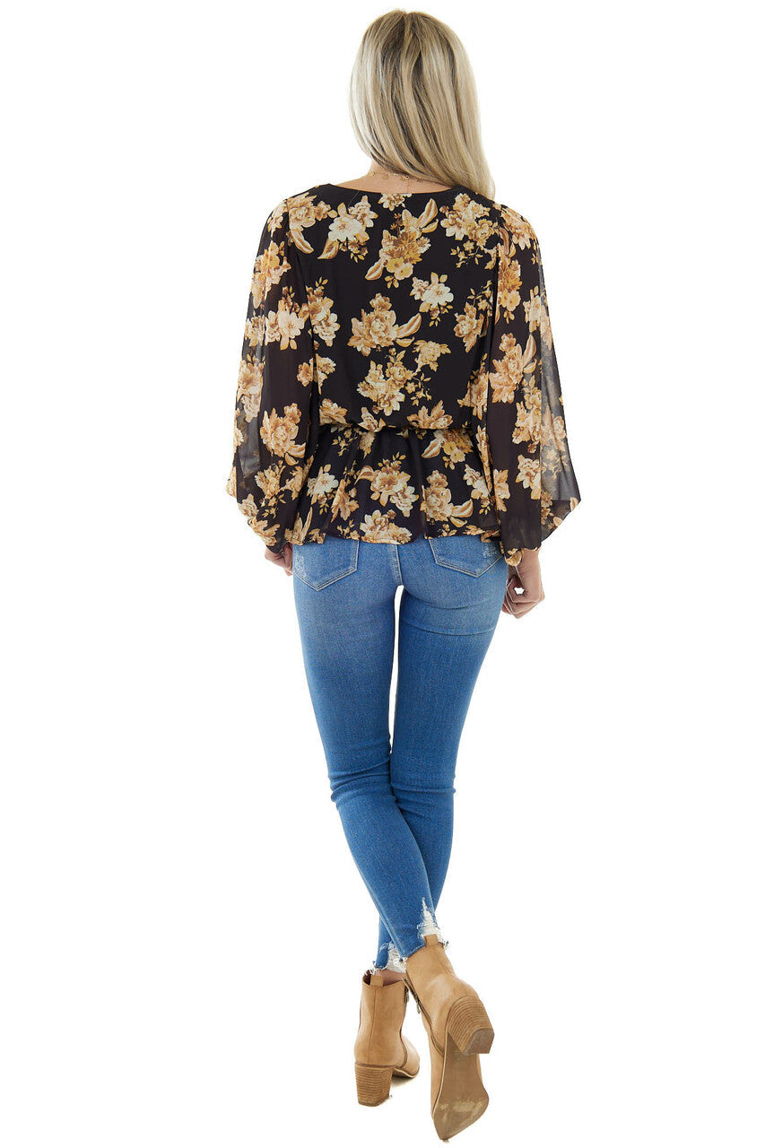 Black Floral Surplice Top With Bubble Sleeves
