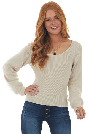 Beige Ribbed Knit Top with Bubble Sleeves
