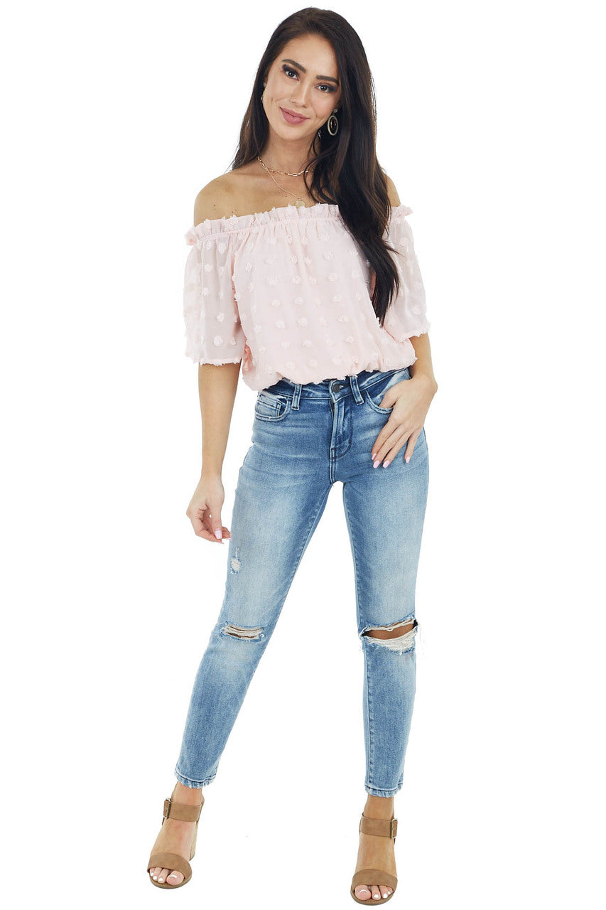 Blush Swiss Dot Off the Shoulder Crop Top with Elastic Hem