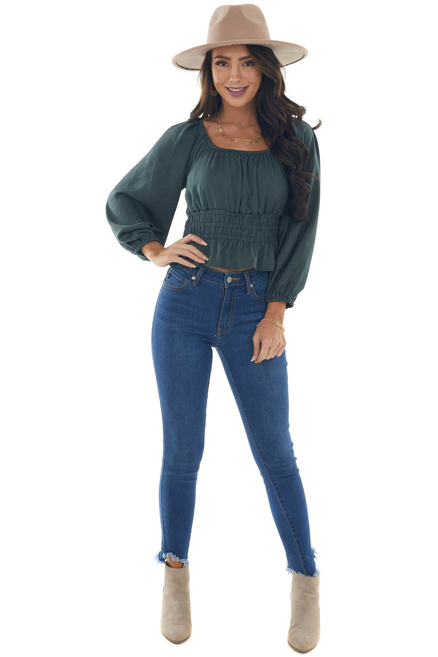 Spruce Open Back Smocked Peplum Silky Blouse 