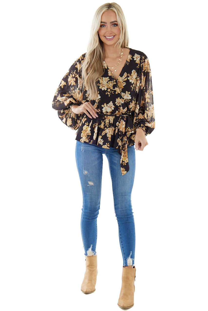 Black Floral Surplice Top With Bubble Sleeves