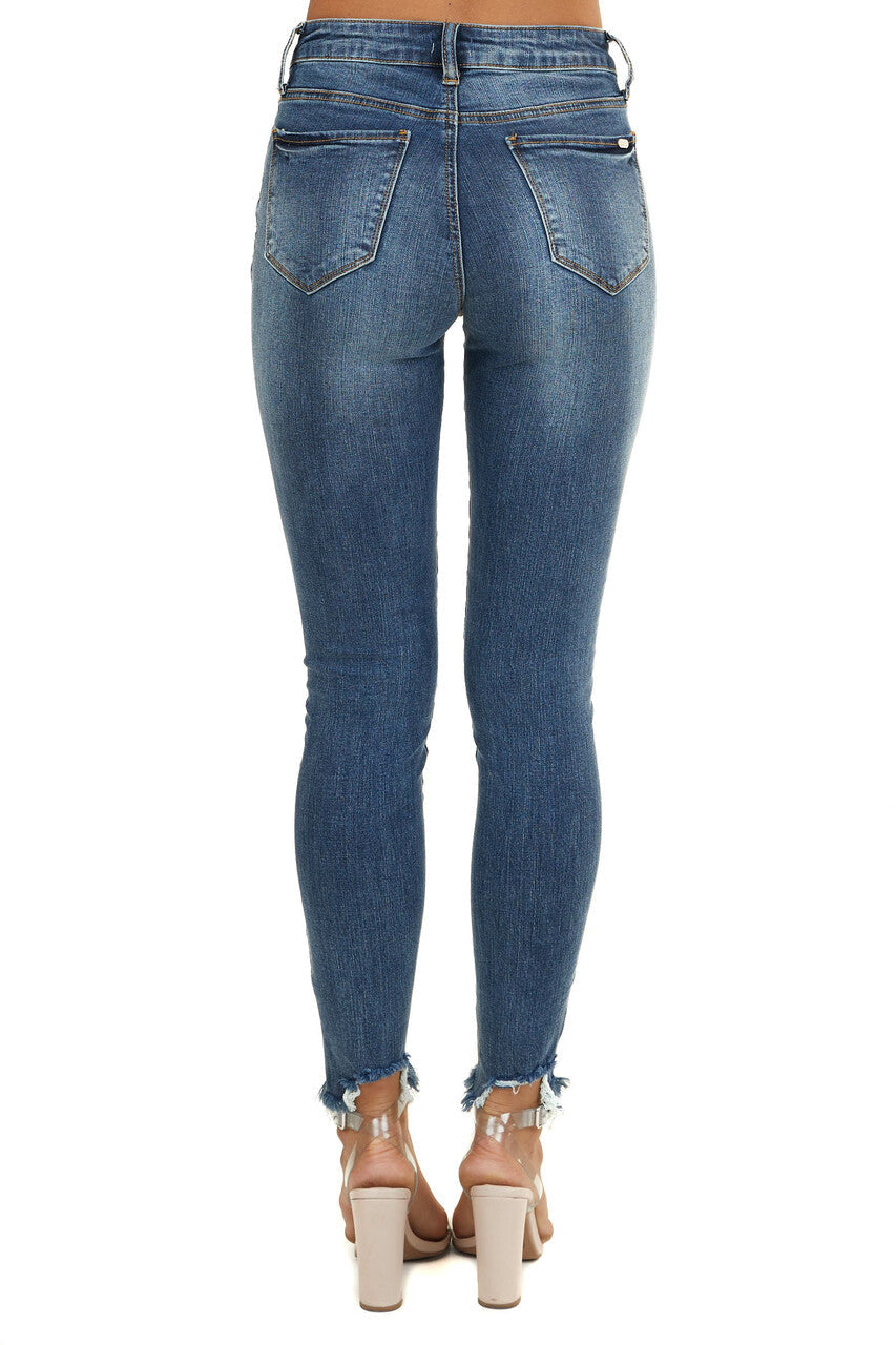 Dark Wash Mid Rise Ankle Cut Jeans with Distressed Hemline 