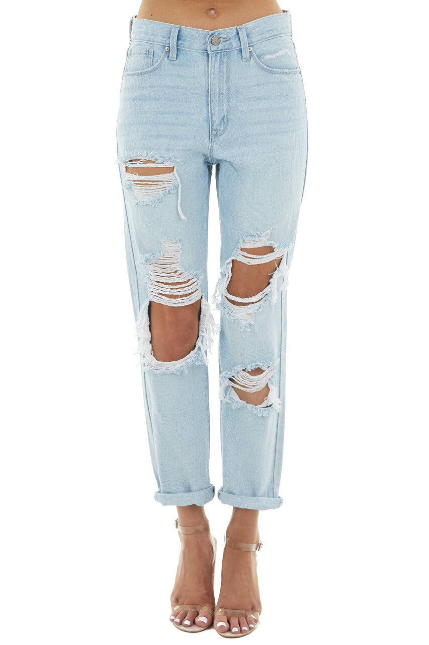 Light Wash High Rise Boyfriend Heavy Distressed Denim Jeans