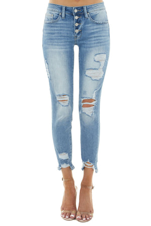 Light Wash Mid Rise Distressed Skinny Jeans with Buttons