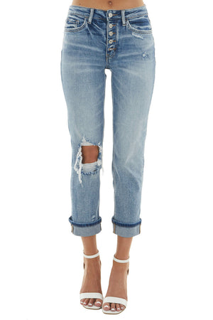 Medium High Rise Distressed Boyfriend Jeans 