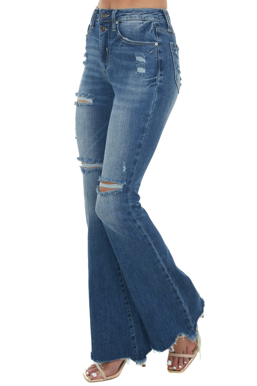 Medium Wash High Rise Raw Cut Hem Flare Jeans