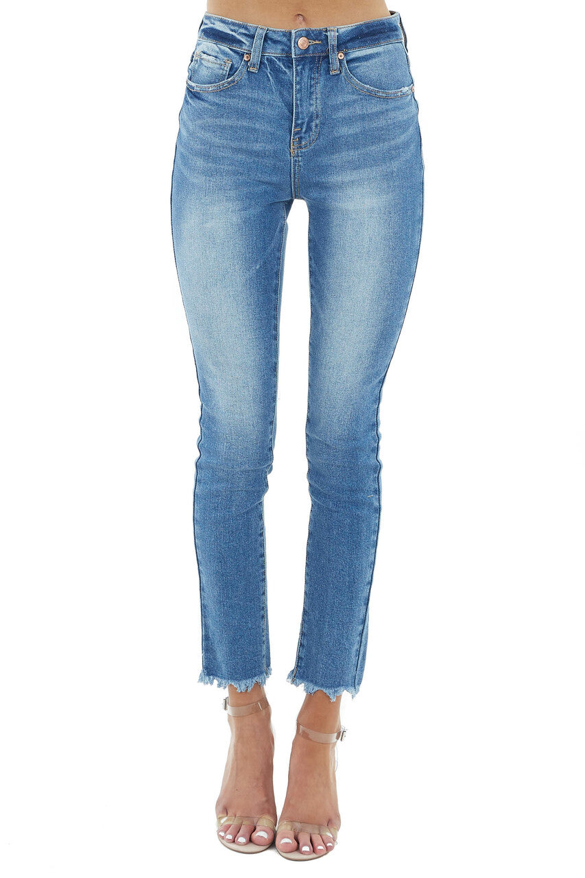 Medium Wash High Rise Skinny Jeans with Distressed Hem