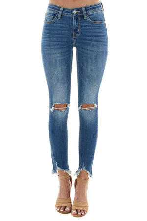 Medium Wash Mid Rise Frayed Hem Skinny Jeans