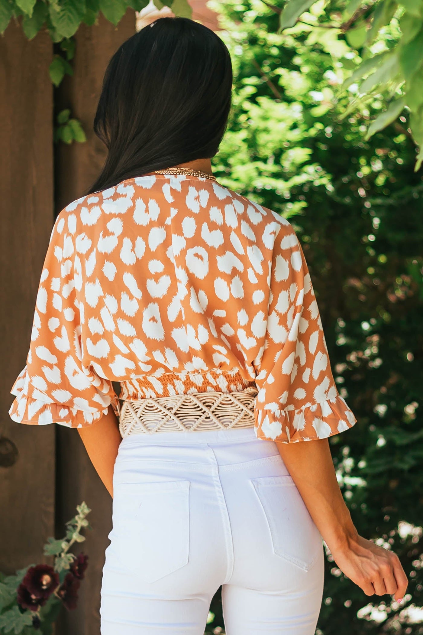 Melon Leopard Print Surplice Neck Cropped Blouse