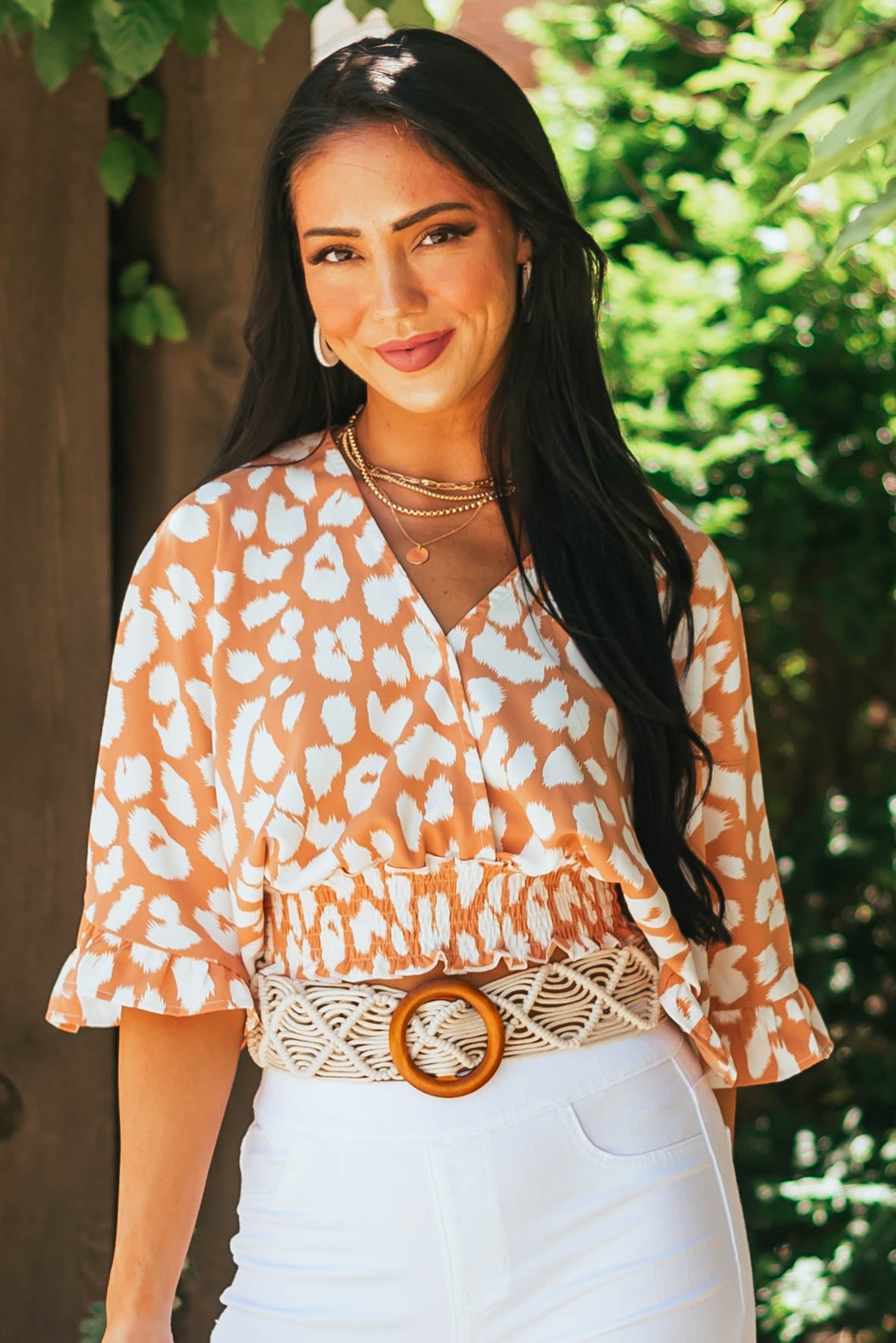 Melon Leopard Print Surplice Neck Cropped Blouse