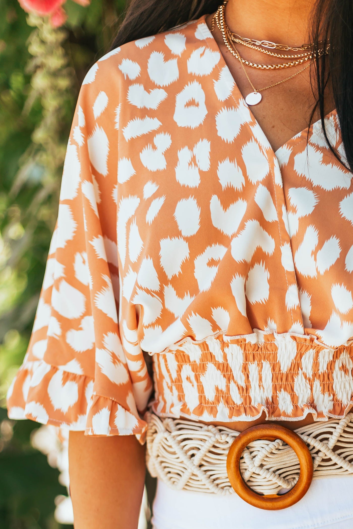 Melon Leopard Print Surplice Neck Cropped Blouse