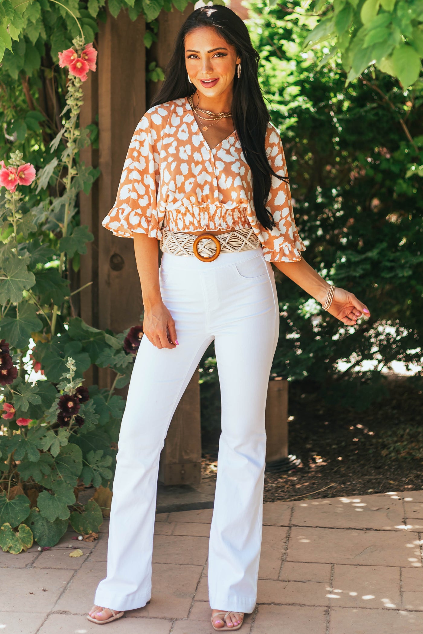 Melon Leopard Print Surplice Neck Cropped Blouse