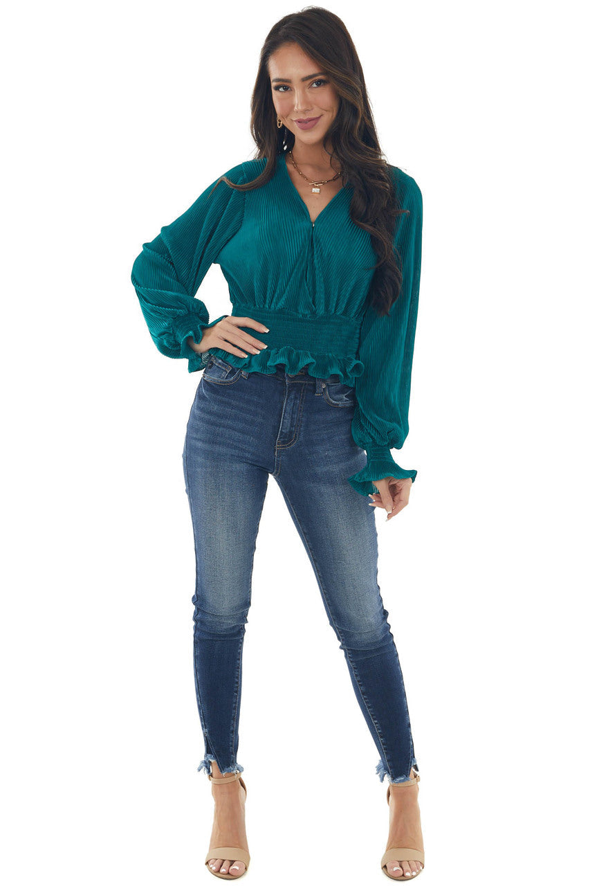 Pine Pleated Surplice Smocked Waist Blouse