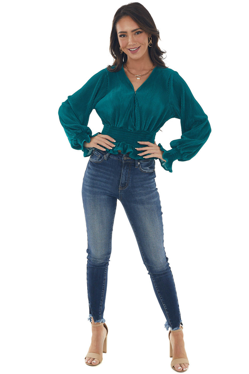 Pine Pleated Surplice Smocked Waist Blouse