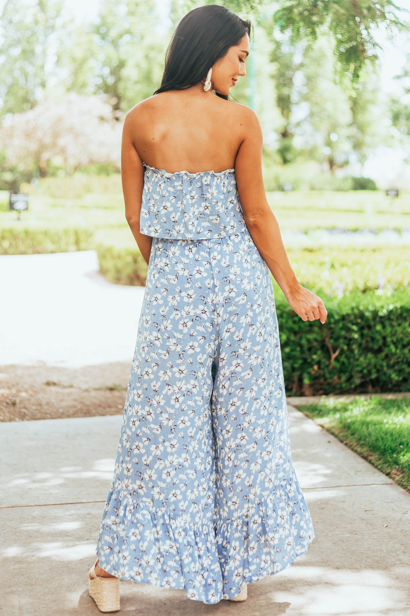 Powder Blue Floral Sleeveless Smocked Jumpsuit