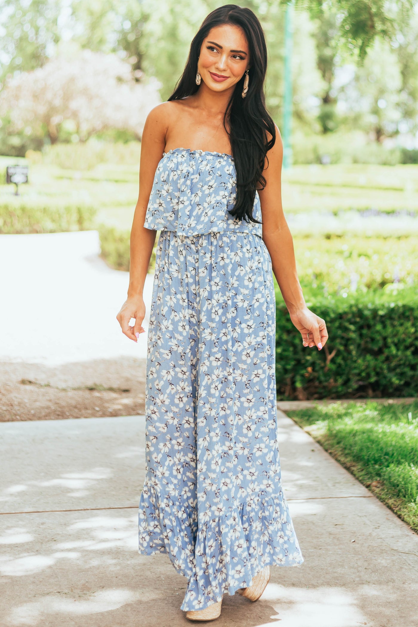 Powder Blue Floral Sleeveless Smocked Jumpsuit