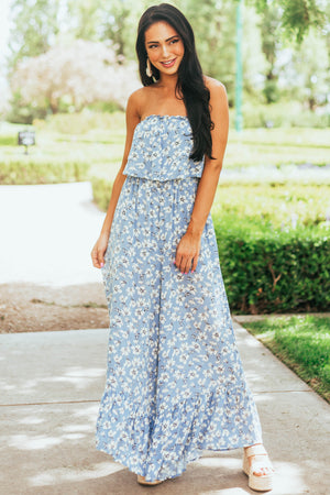 Powder Blue Floral Sleeveless Smocked Jumpsuit