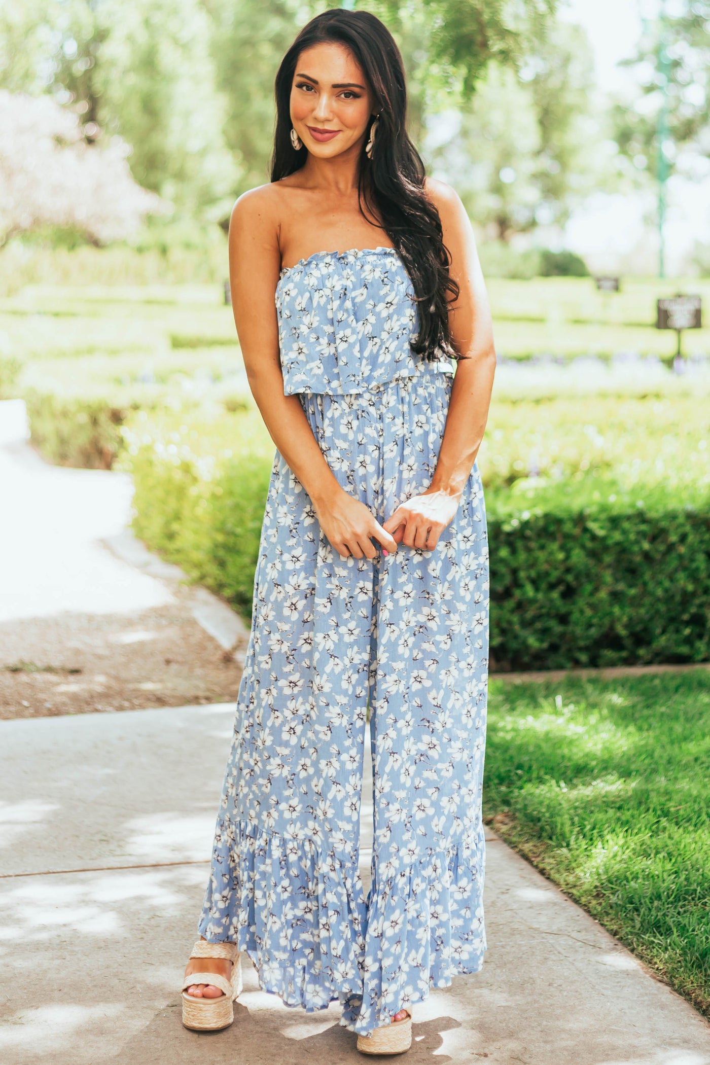 Powder Blue Floral Sleeveless Smocked Jumpsuit
