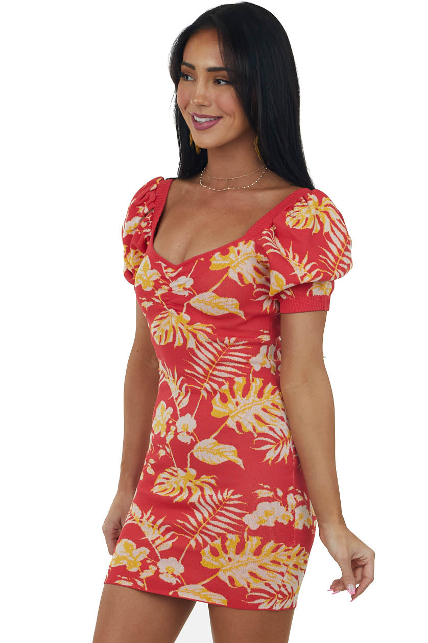 Ruby Tropical Print Puff Sleeve Knit Mini Dress