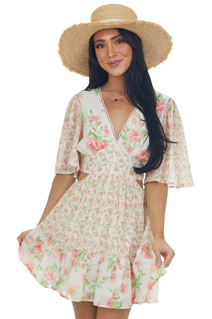 Vanilla Floral Multiprint V Neck Mini Dress 