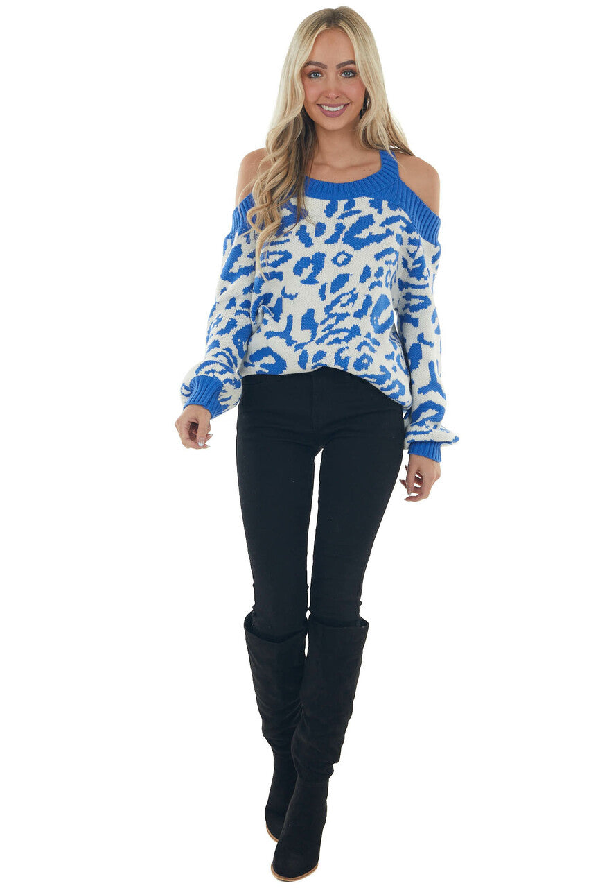 Cobalt Blue Leopard Print Cold Shoulder Sweater