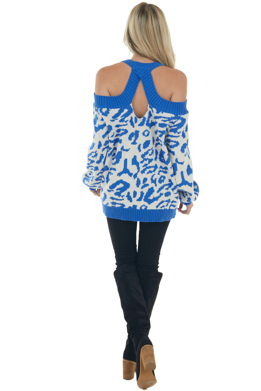 Cobalt Blue Leopard Print Cold Shoulder Sweater