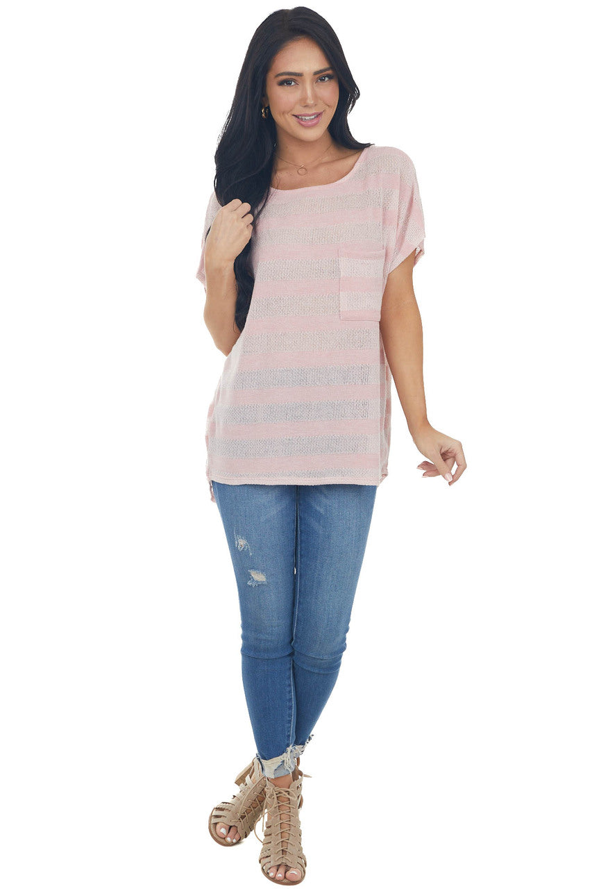 Pale Pink Striped Loose Knit Top with Front Chest Pocket